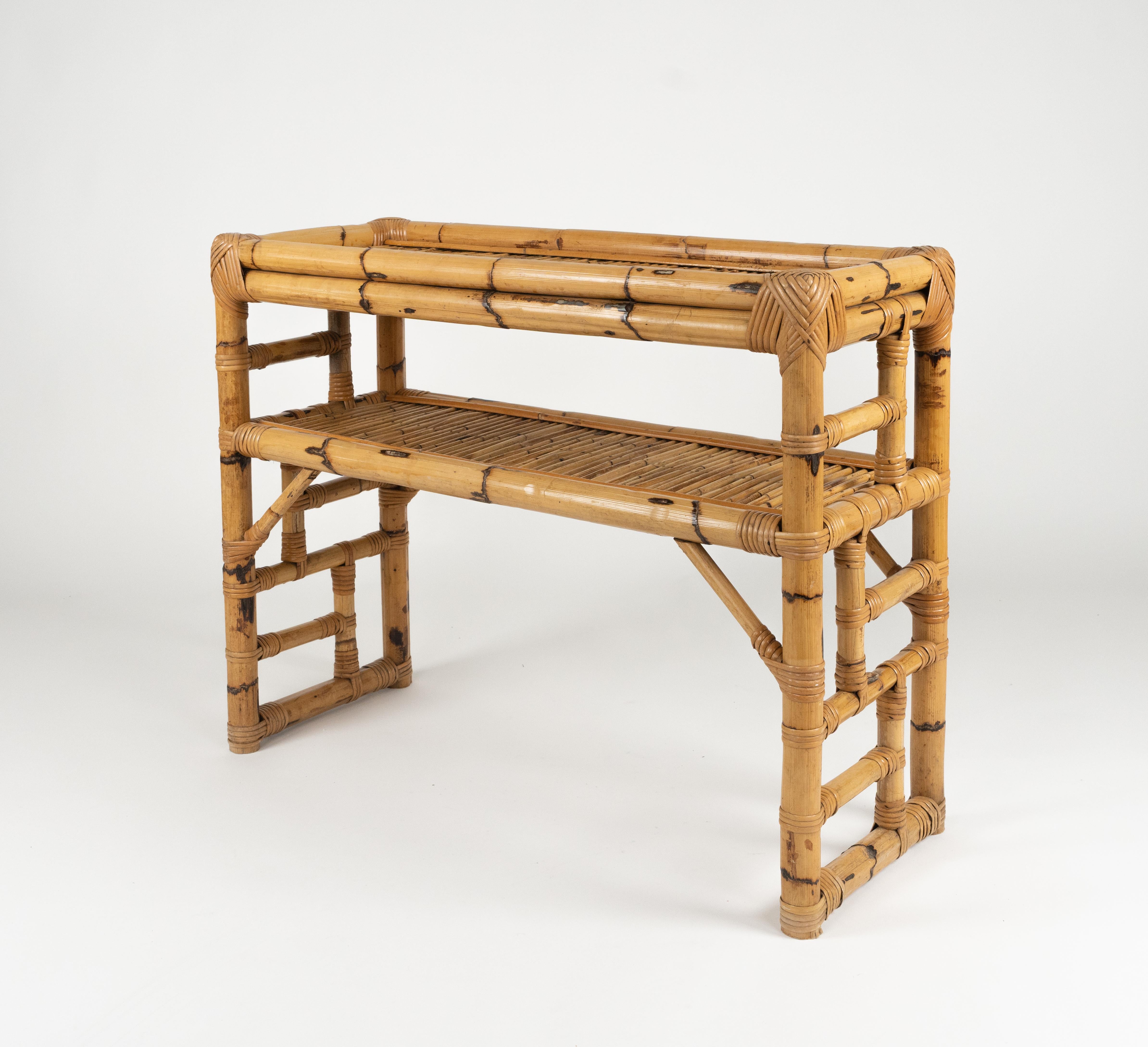 Late 20th Century Midcentury Bamboo and Rattan Console Table by Vivai Del Sud, Italy 1970s For Sale