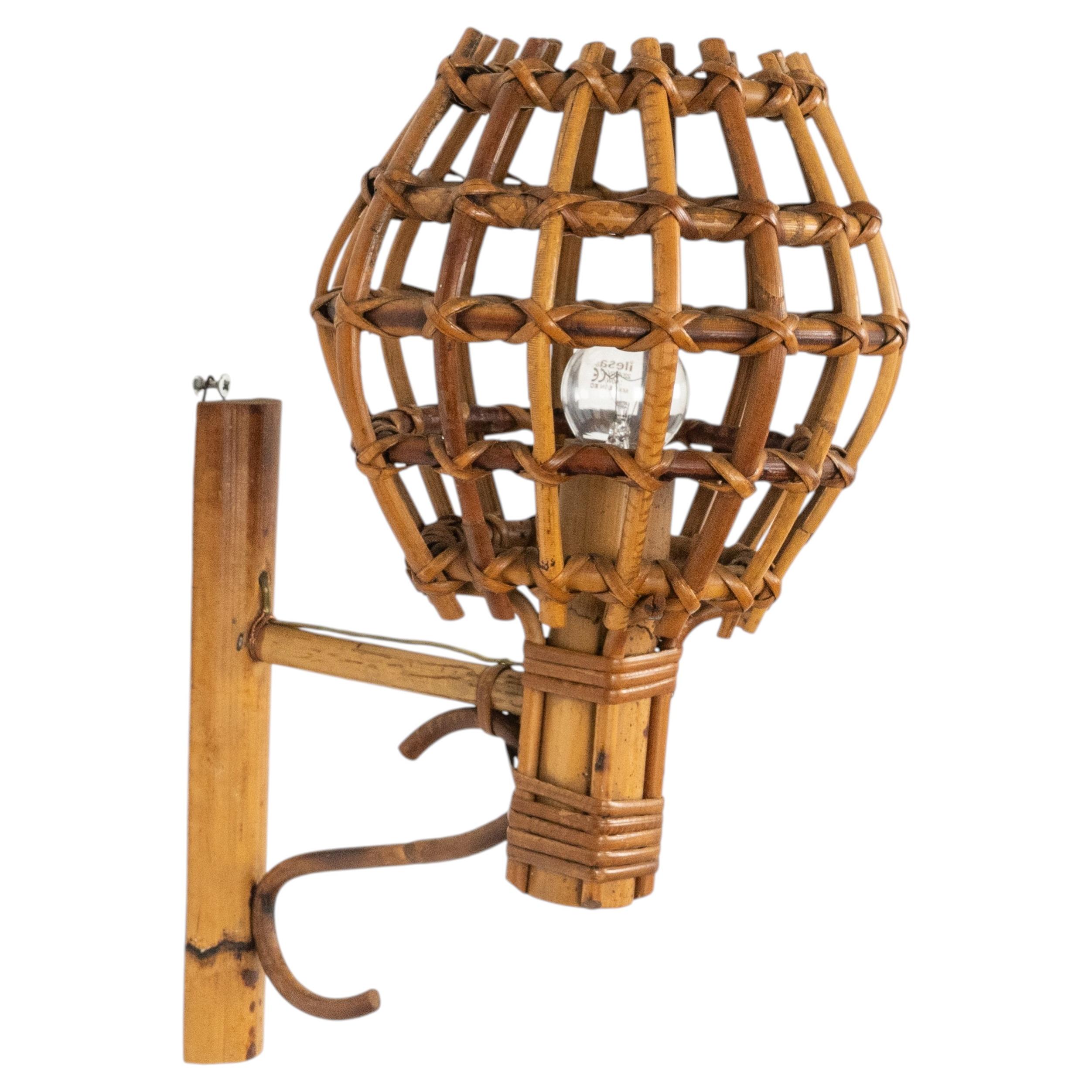 Midcentury Sconce Wall Lamp in Rattan & Bamboo Louis Sognot Style, 1960s For Sale