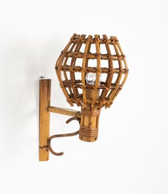 Midcentury Sconce Wall Lamp in Rattan & Bamboo Louis Sognot Style, 1960s