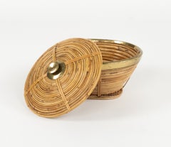 Midcentury Decorative Bowl Box in Rattan and Brass, Italy 1970s