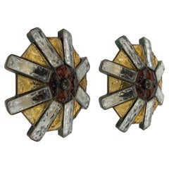 Midcentury Pair of Sconces Wrought Iron and Glass Longobard Style, Italy 1970s