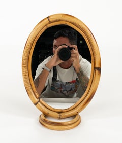 Midcentury Oval Table Vanity Mirror in Bamboo and Rattan, Italy 1970s