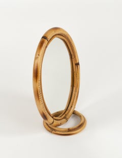 Midcentury Oval Table Vanity Mirror in Bamboo and Rattan, Italy 1970s