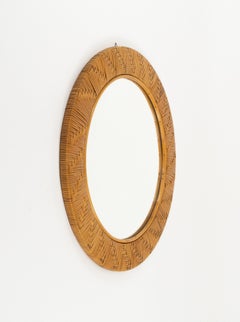 Midcentury Rattan and Wicker Round Wall Mirror Vivai Del Sud Style, Italy 1970s