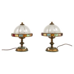 Pair of Table Lamps in Wrought Iron & Hammered Glass by Longobard, Italy, 1970s