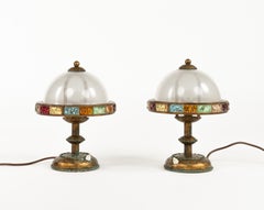 Pair of Table Lamps in Wrought Iron & Hammered Glass by Longobard, Italy, 1970s