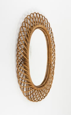 Midcentury Rattan and Bamboo Oval Wall Mirror by Franco Albini, Italy 1960s