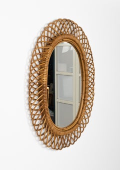 Midcentury Rattan and Bamboo Oval Wall Mirror by Franco Albini, Italy 1960s