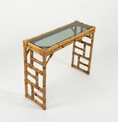 Consolle in bambù, rattan e vetro in stile Mid-Century di Vivai Del Sud, Italia, anni '70