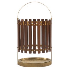Midcentury Umbrella Stand in Teak Wood and Gilded Iron, Italy 1960s