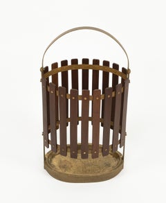 Midcentury Umbrella Stand in Teak Wood and Gilded Iron, Italy 1960s