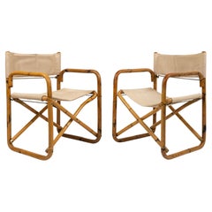 Midcentury Bamboo and Fabric Pair of Folding Directors Chair, Italy 1960s