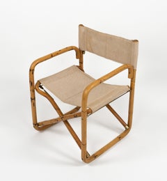 Midcentury Folding Director Chair in Bamboo and Fabric, Italy 1960s