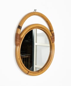 Midcentury Bamboo and Rattan Round Wall Mirror, Italy 1970s