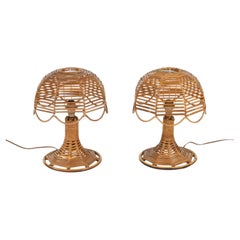 Paar Tischlampen aus Rattan und Korbweide im Louis Sognot-Stil aus der Mitte des Jahrhunderts, Italien 1960er Jahre