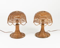 Paar Tischlampen aus Rattan und Korbweide im Louis Sognot-Stil aus der Mitte des Jahrhunderts, Italien 1960er Jahre