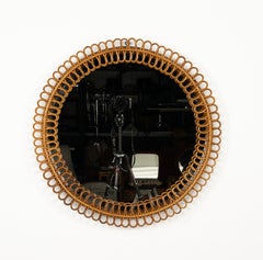 Specchio da parete rotondo in bambù e rattan del Medioevo Stile Franco Albini, Italia 1960