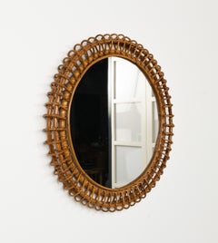 Specchio da parete rotondo del Medioevo in bambù e rattan stile Franco Albini, Italia anni '60