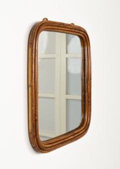 Specchio da parete quadrato in stile Mid-Century in rattan e bambù, Italia, anni ’60