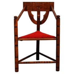 Swedish 19th-Century Carved Monk´s Corner Chair in Solid Oak, Wabi Sabi