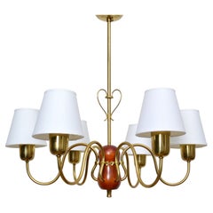 Lampadario in stile Mid-Century Modern in ottone, legno e tessuto, Svezia, anni ’50