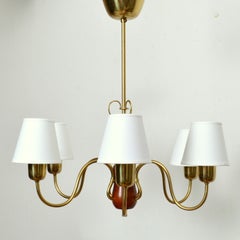 Mid Century Modern Brass, Wood, and Fabric Chandelier, Sweden 1950s