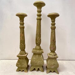 Set of 3 Distressed 18th Century Austrian Carved Wooden Candlesticks