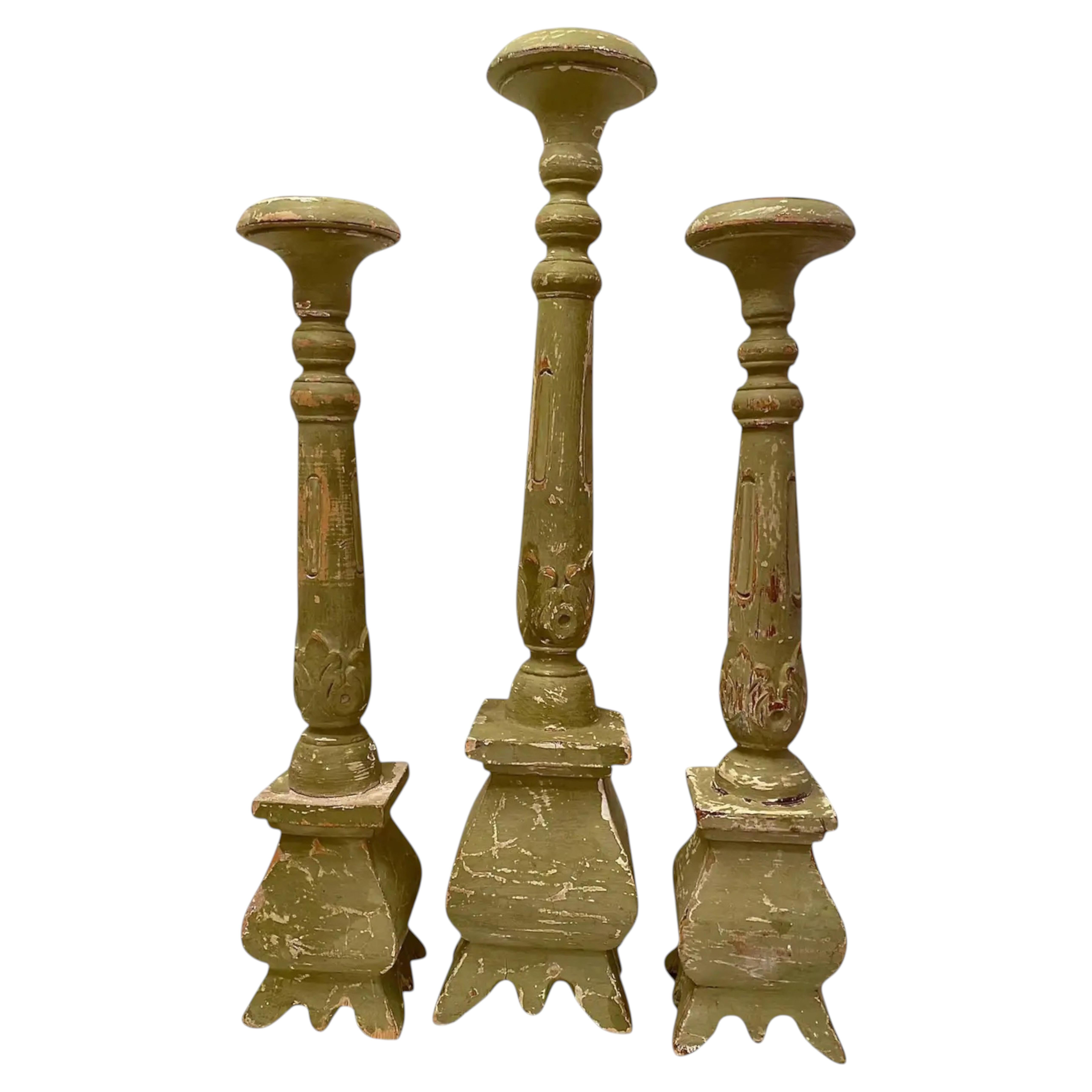 Set of 3 Distressed 18th Century Austrian Carved Wooden Candlesticks