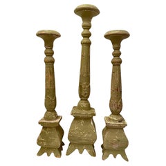 Set of 3 Distressed 18th Century Austrian Carved Wooden Candlesticks
