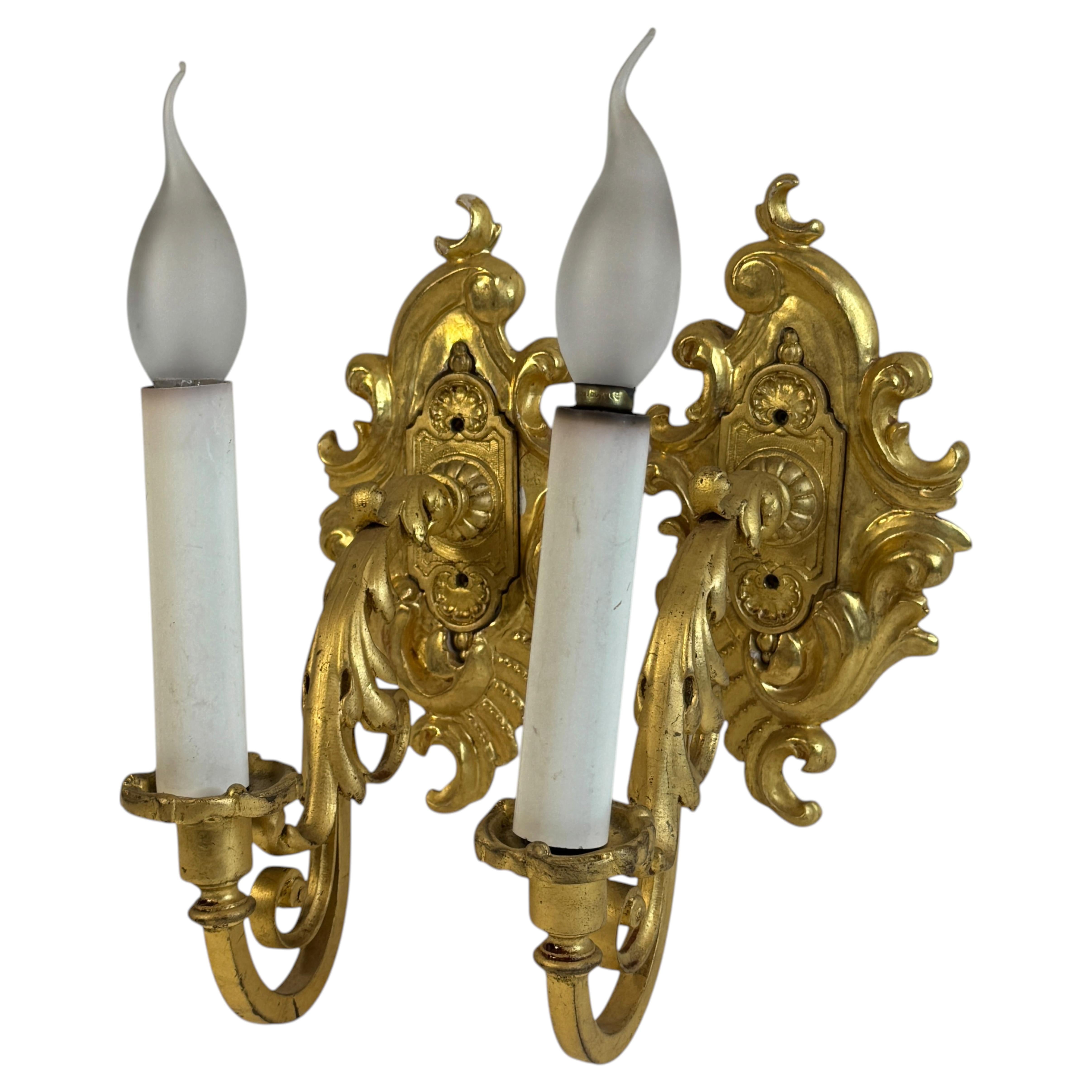 Pair of Gilt Wood and Gilt Metal Tole Toleware Sconces, Italy, 1960s For Sale