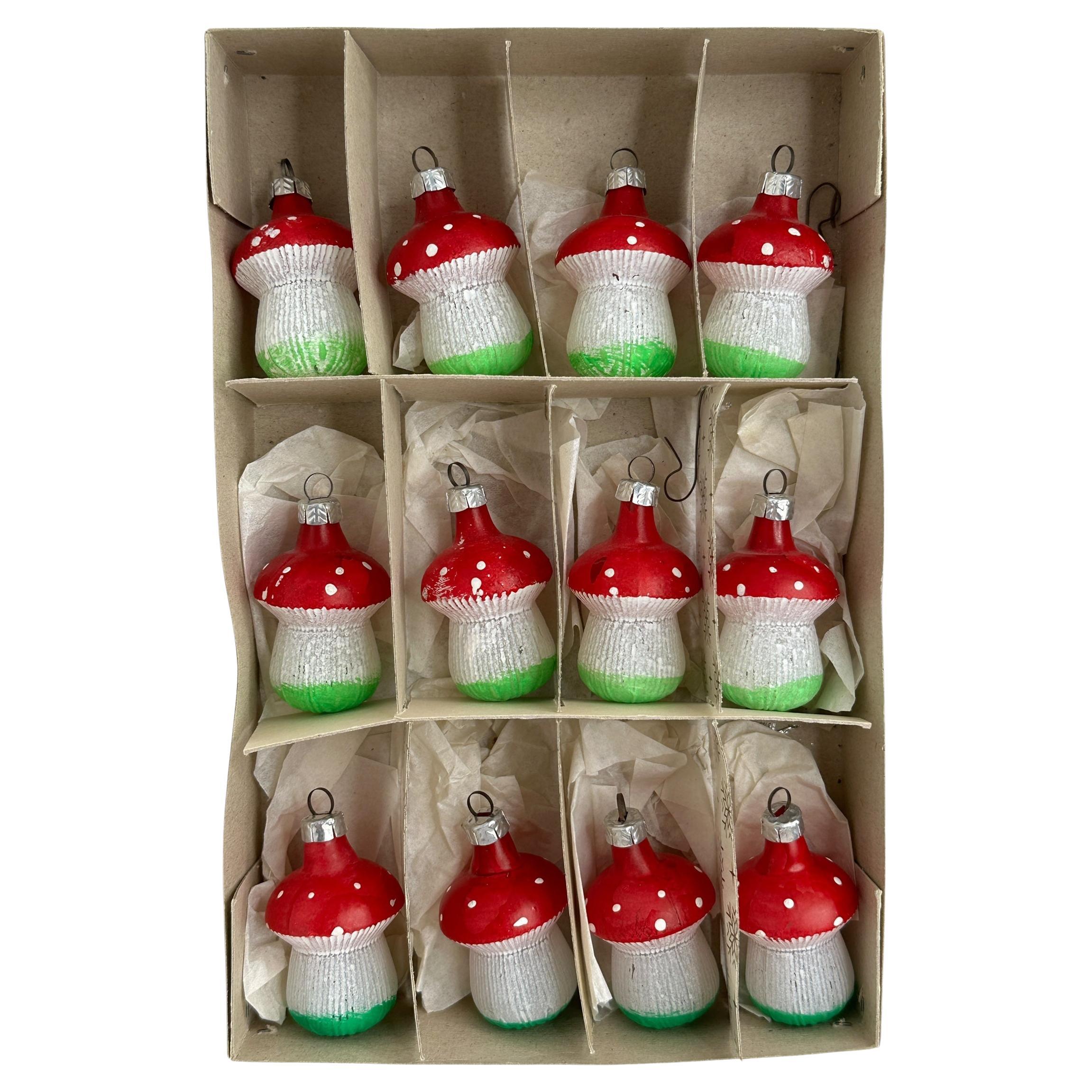 Rare Set of Twelve Toadstool Mushroom Christmas Ornaments Vintage, German, 1940s