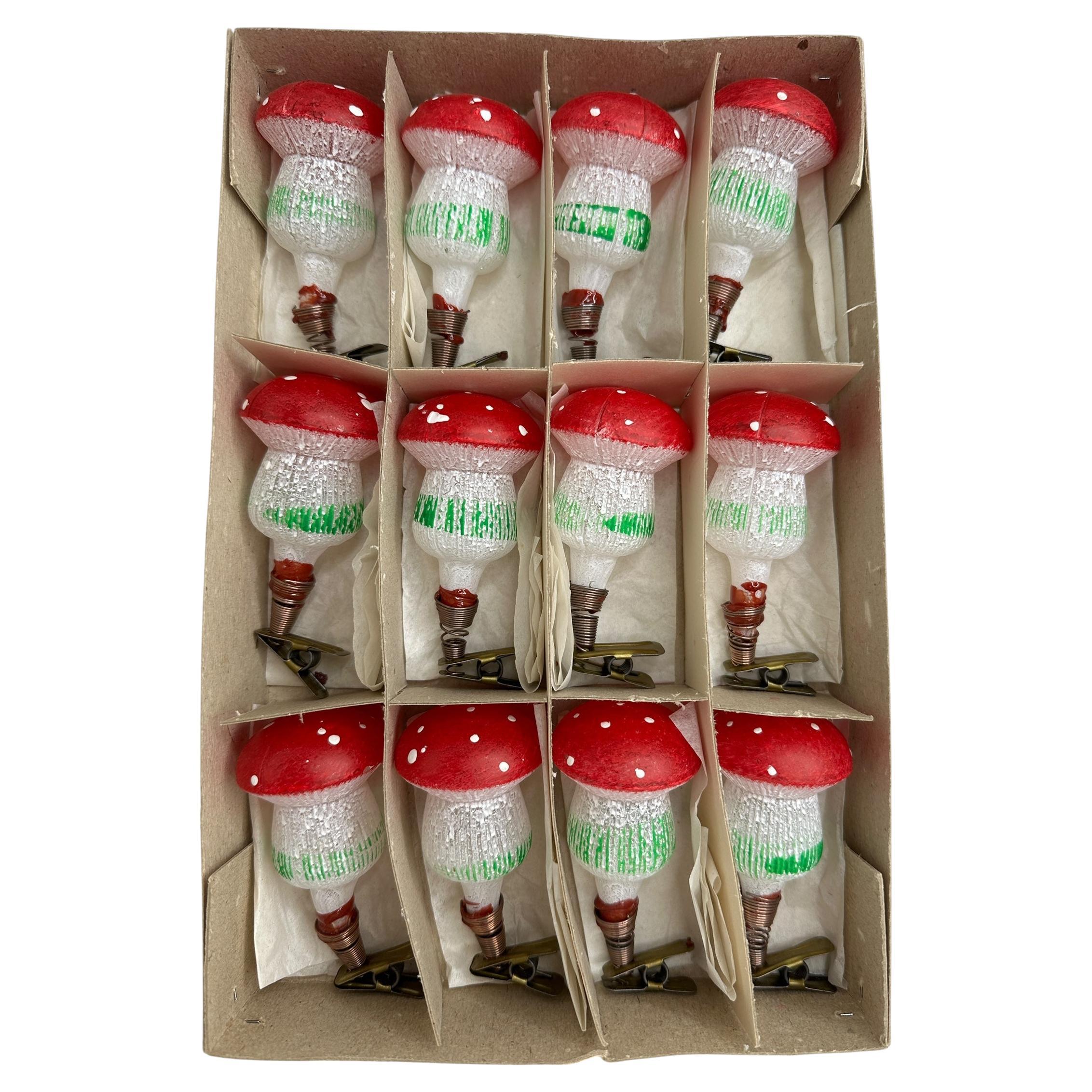 Rare Set of Twelve Mushroom Clip-On Christmas Ornaments Vintage, German, 1940s