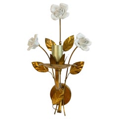 Single Ceramic Roses Tole Sconces Gilt Metal, 1960s Italy