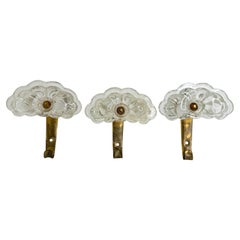 Set of Three Wall Coat Hooks, Murano Glass and Brass, Mid-Century Modern, 1950s