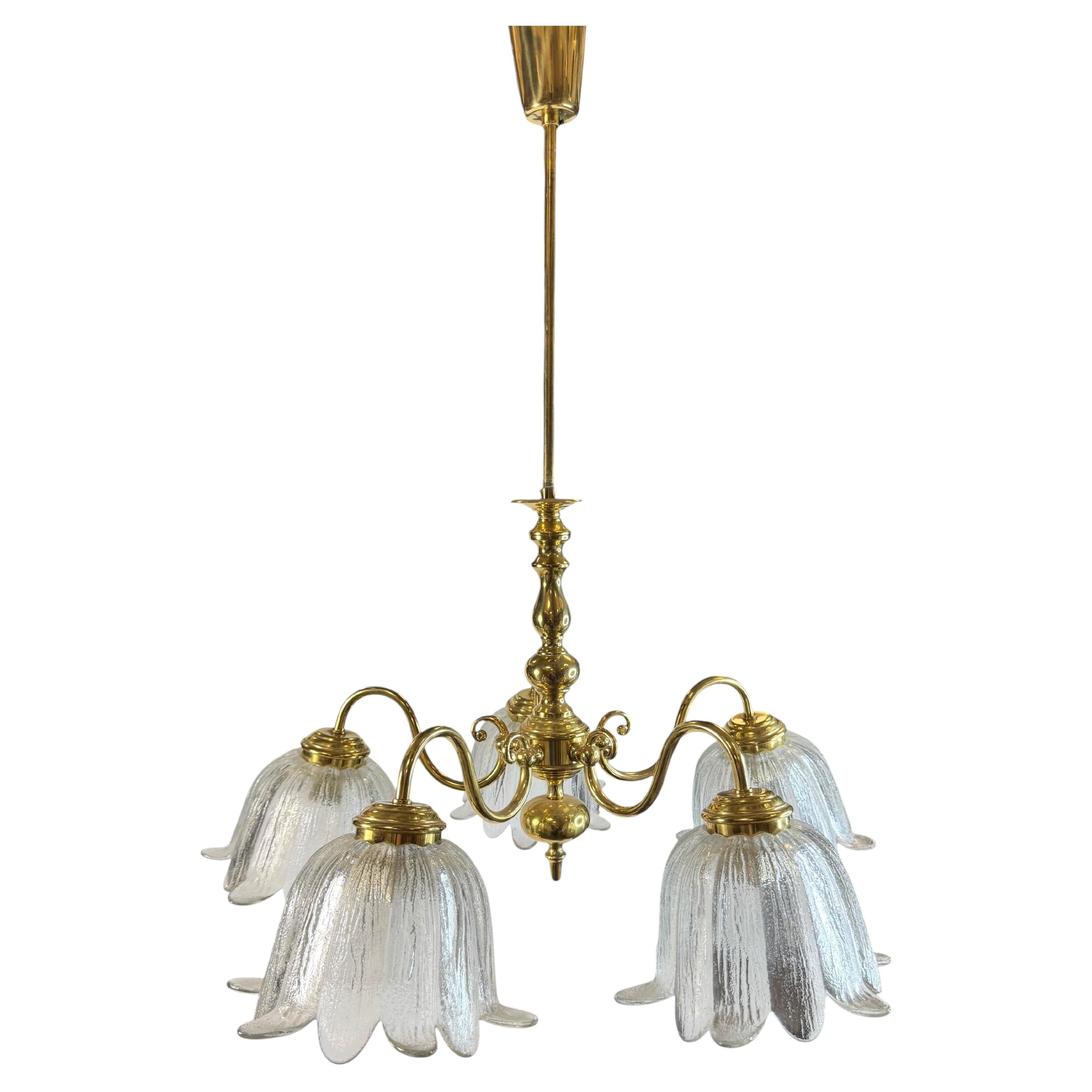 Large Five Light Brass Tole Chandelier Calyx Glass Shade Hollywood Regency Style For Sale