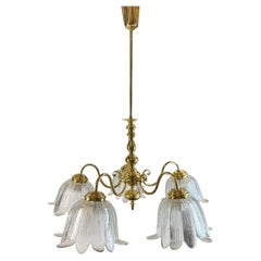 Large Five Light Brass Tole Chandelier Calyx Glass Shade Hollywood Regency Style
