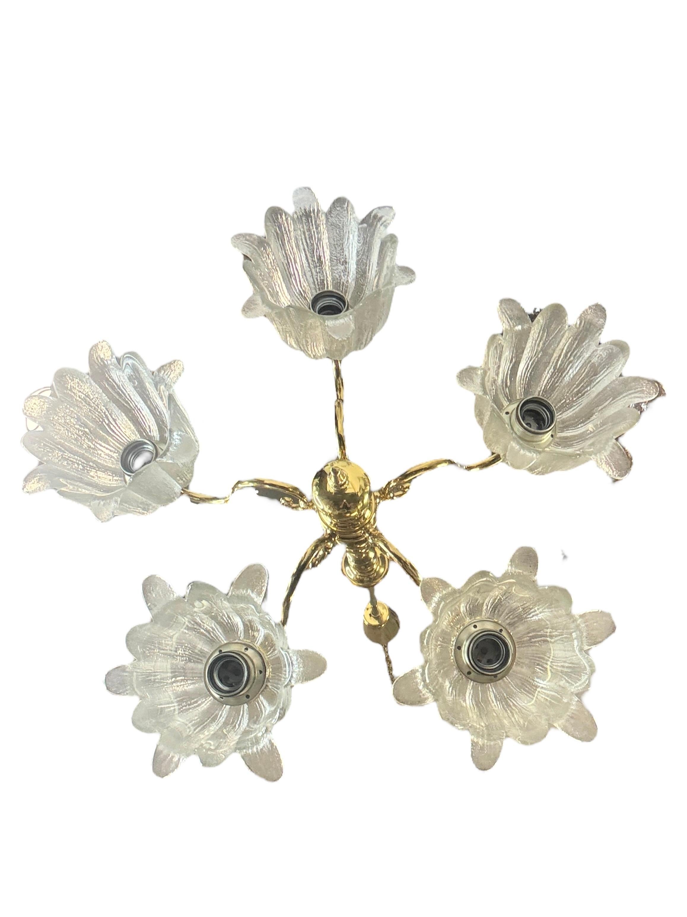 Large Five Light Brass Tole Chandelier Calyx Glass Shade Hollywood Regency Style For Sale 1