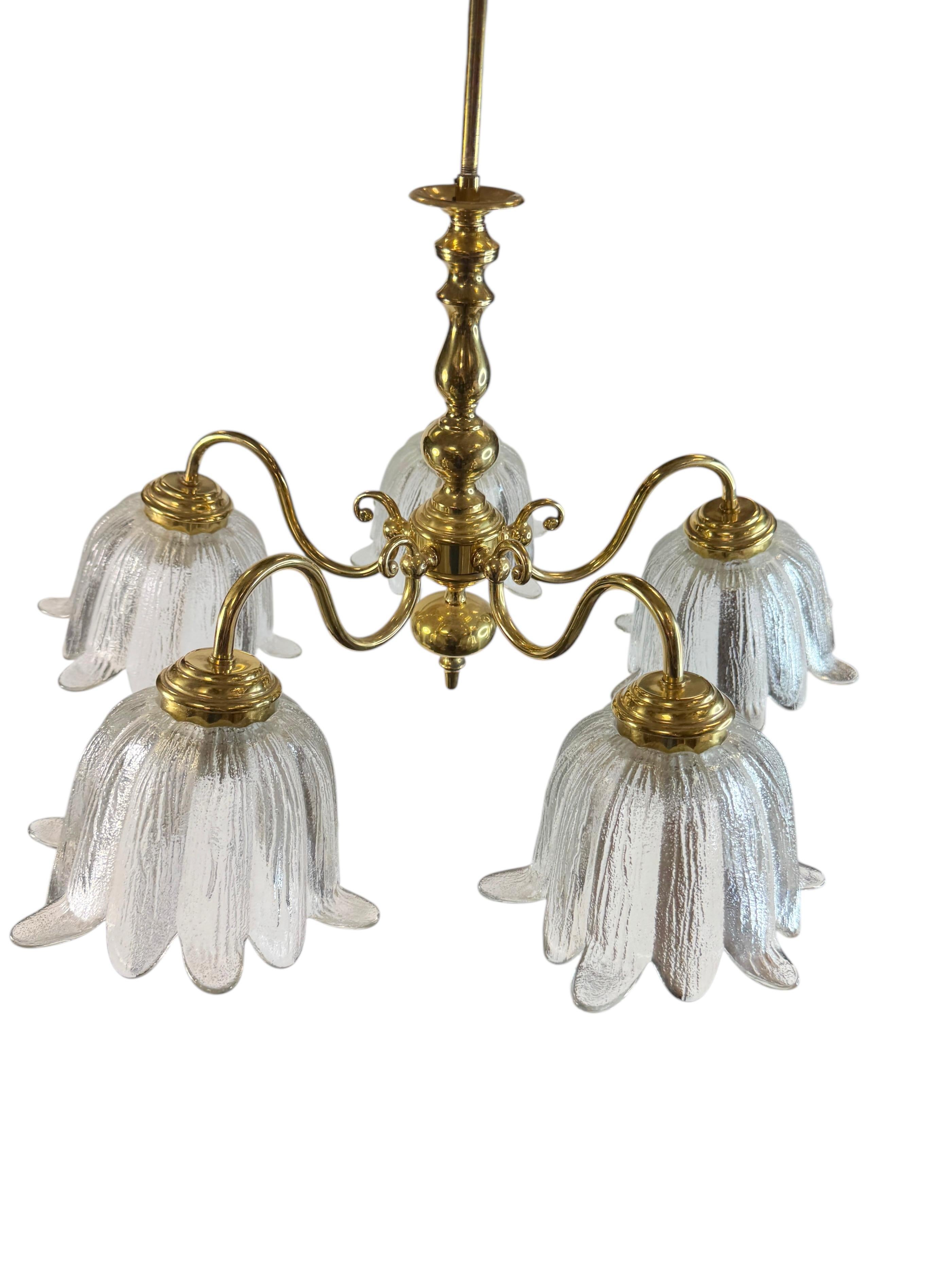Austrian Large Five Light Brass Tole Chandelier Calyx Glass Shade Hollywood Regency Style For Sale
