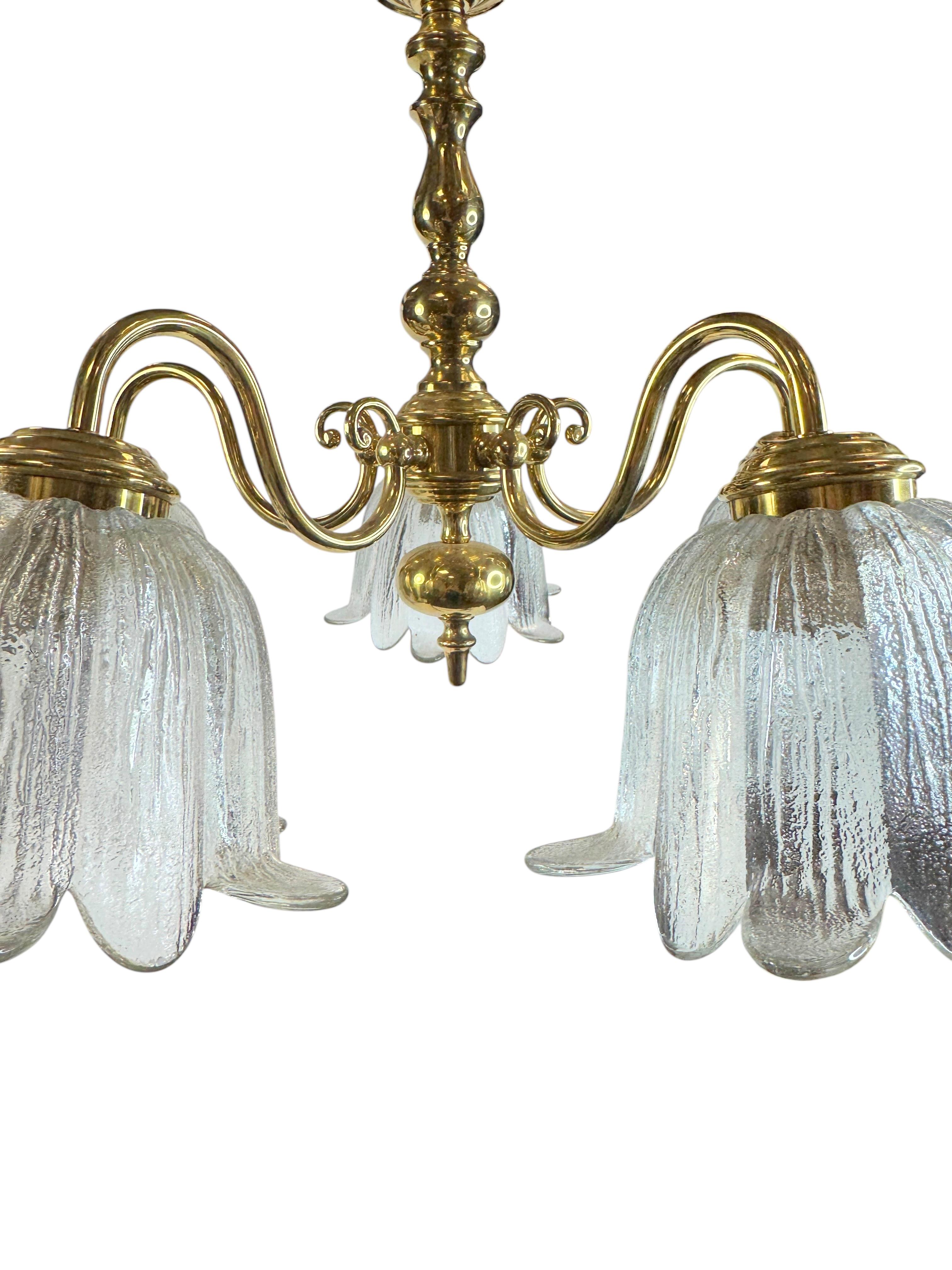 Mid-20th Century Large Five Light Brass Tole Chandelier Calyx Glass Shade Hollywood Regency Style For Sale