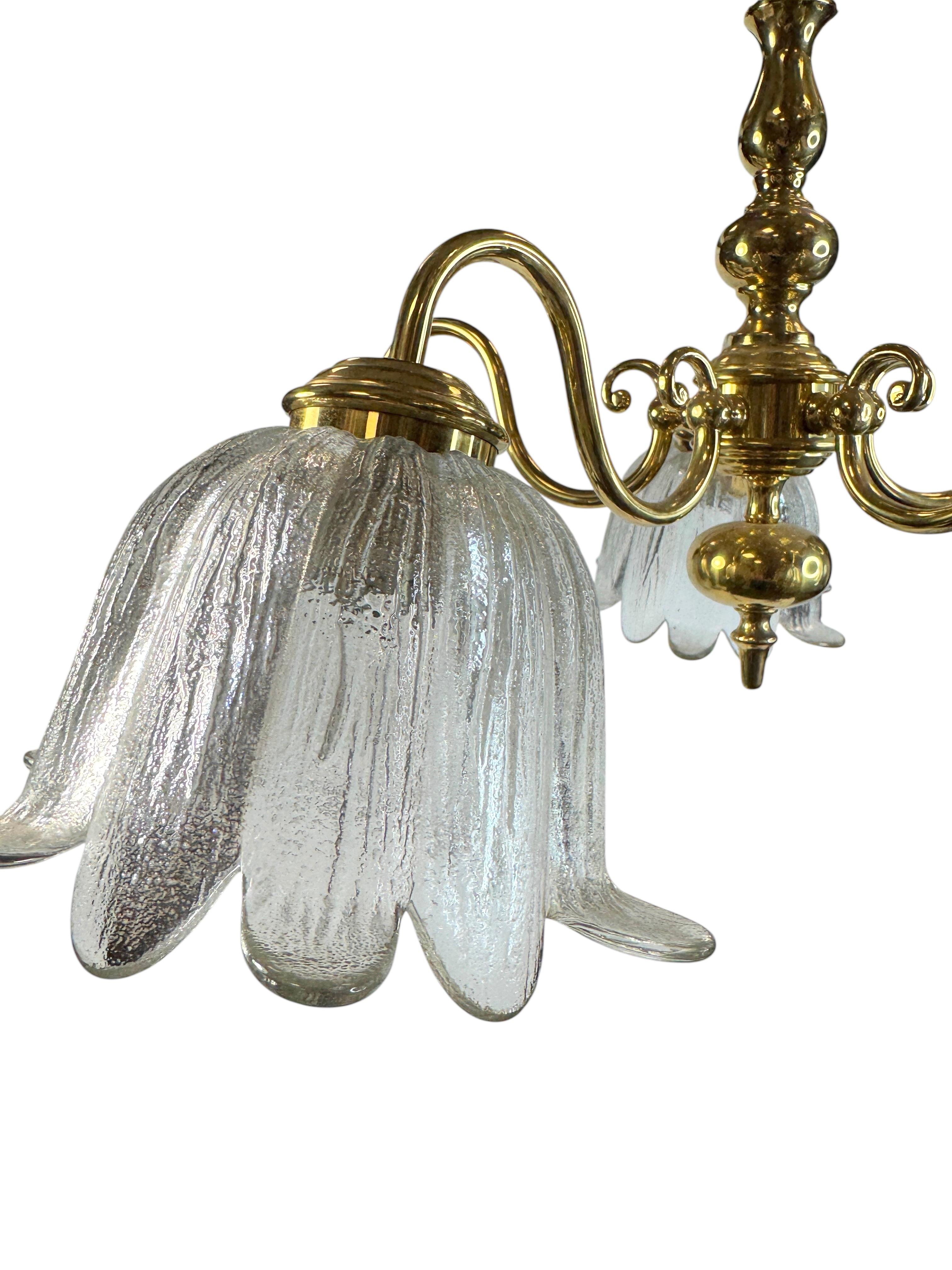 Metal Large Five Light Brass Tole Chandelier Calyx Glass Shade Hollywood Regency Style For Sale