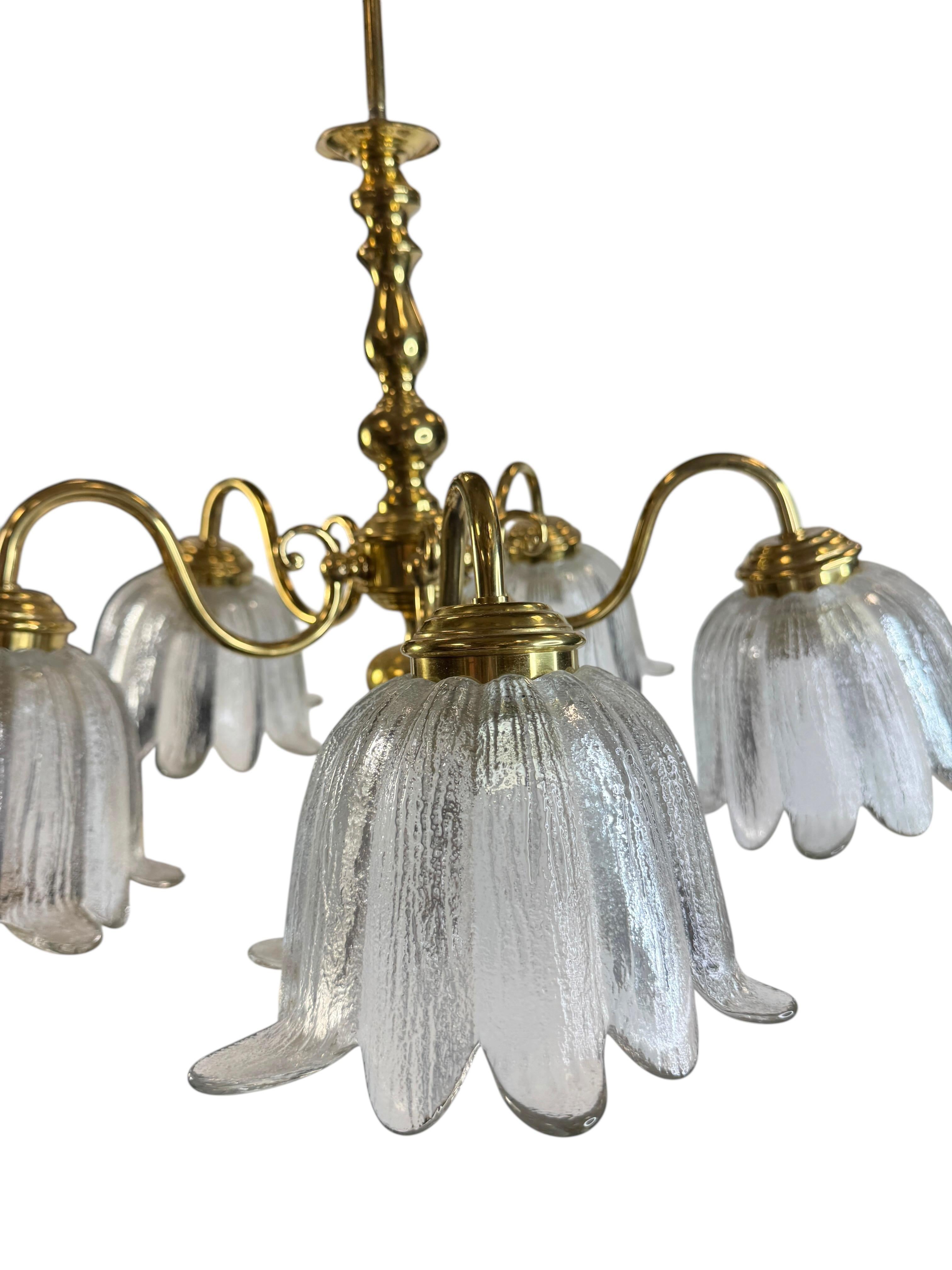 Large Five Light Brass Tole Chandelier Calyx Glass Shade Hollywood Regency Style For Sale 2
