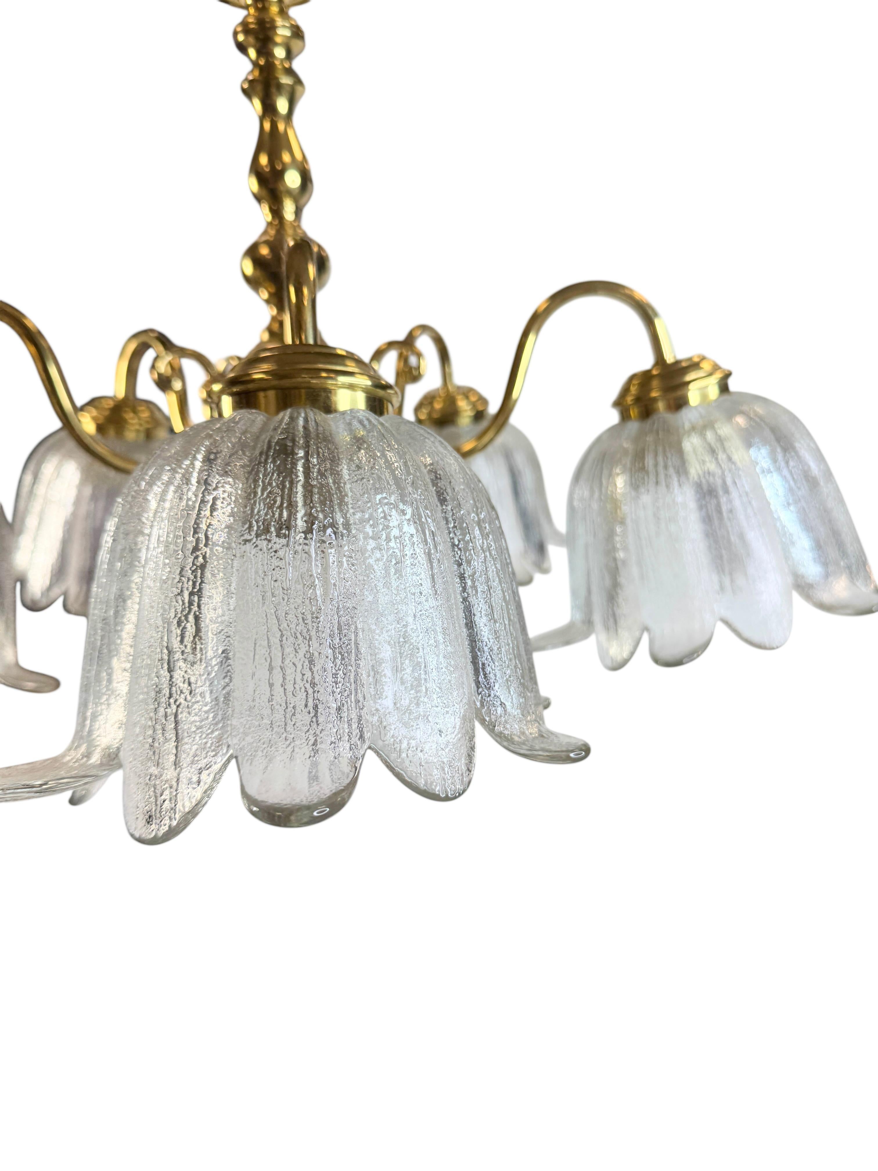 Large Five Light Brass Tole Chandelier Calyx Glass Shade Hollywood Regency Style For Sale 3