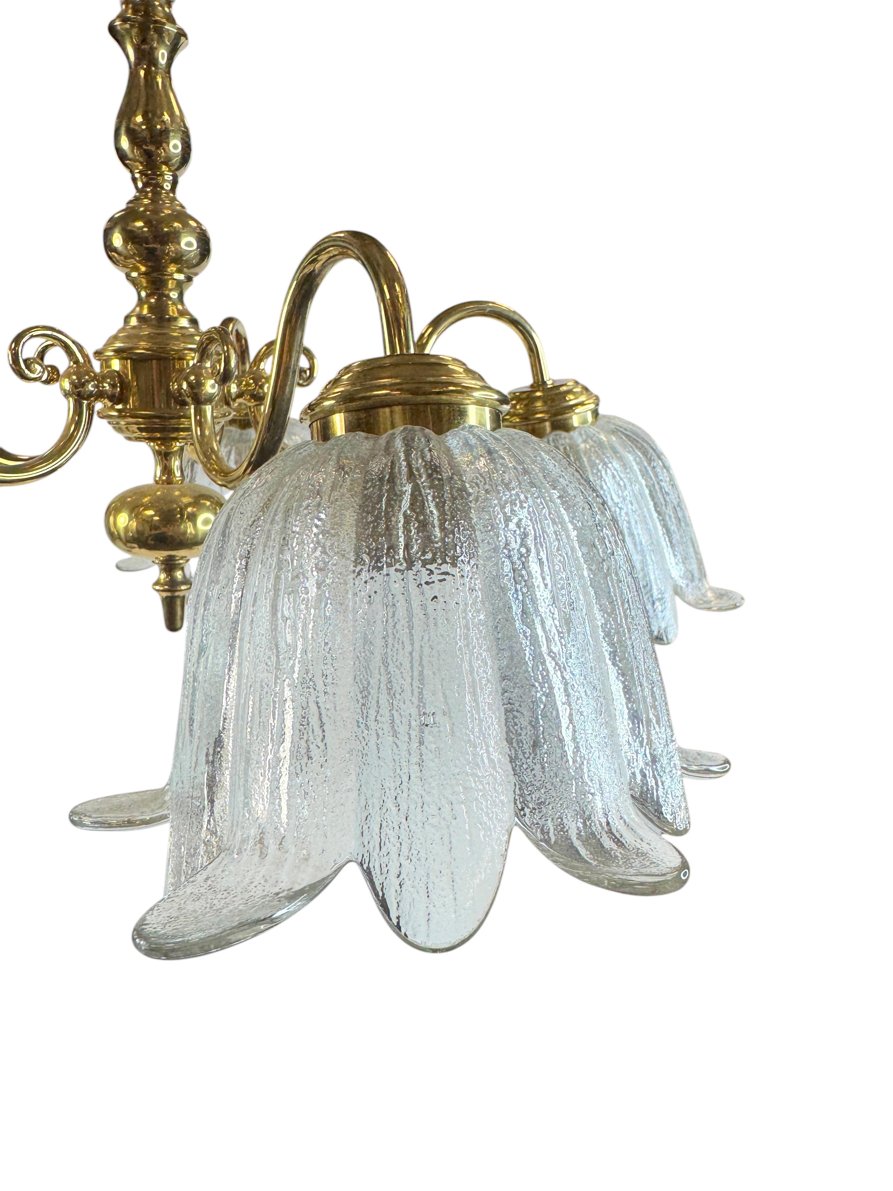 Large Five Light Brass Tole Chandelier Calyx Glass Shade Hollywood Regency Style For Sale 4
