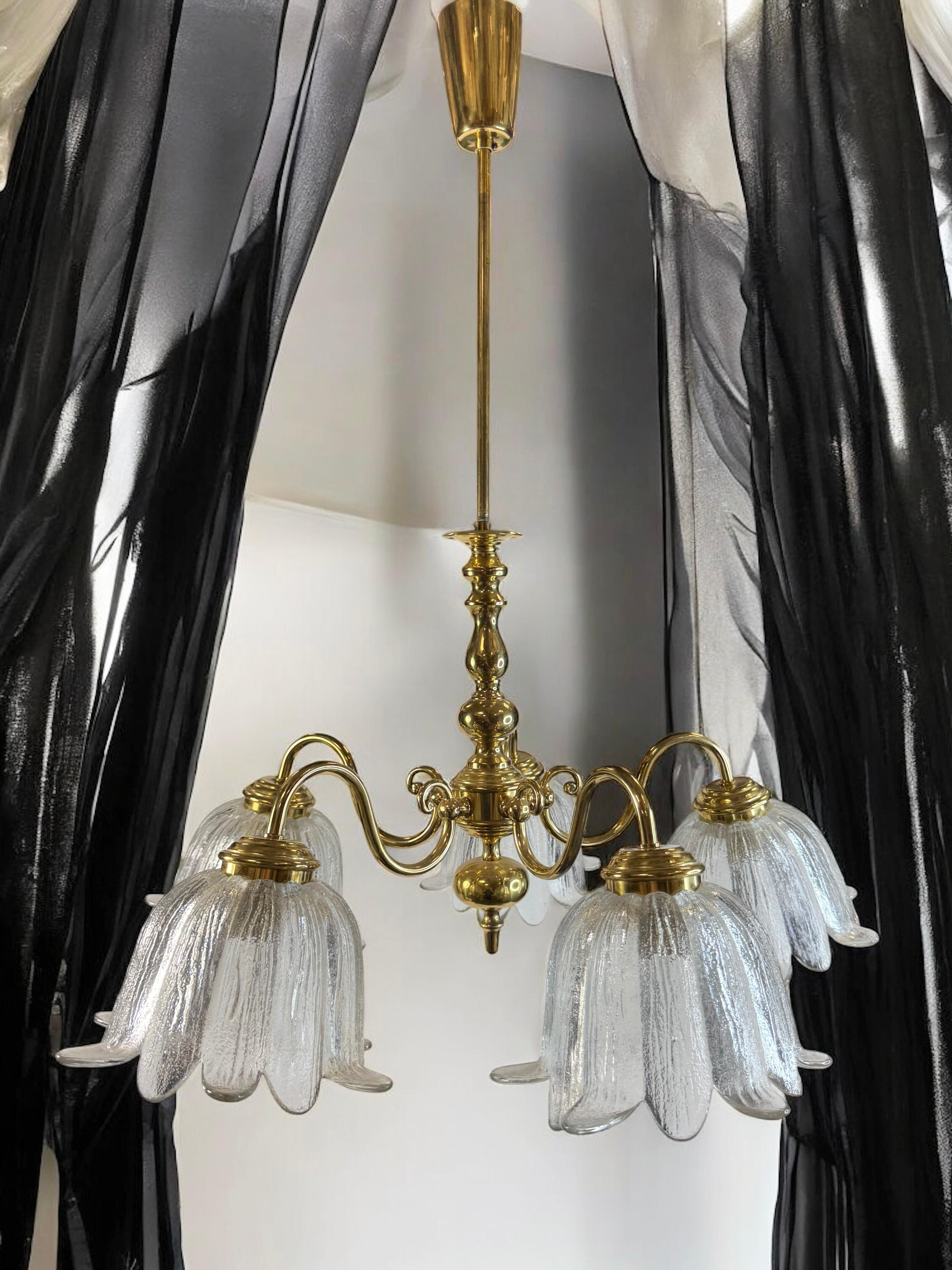 Large Five Light Brass Tole Chandelier Calyx Glass Shade Hollywood Regency Style For Sale 5