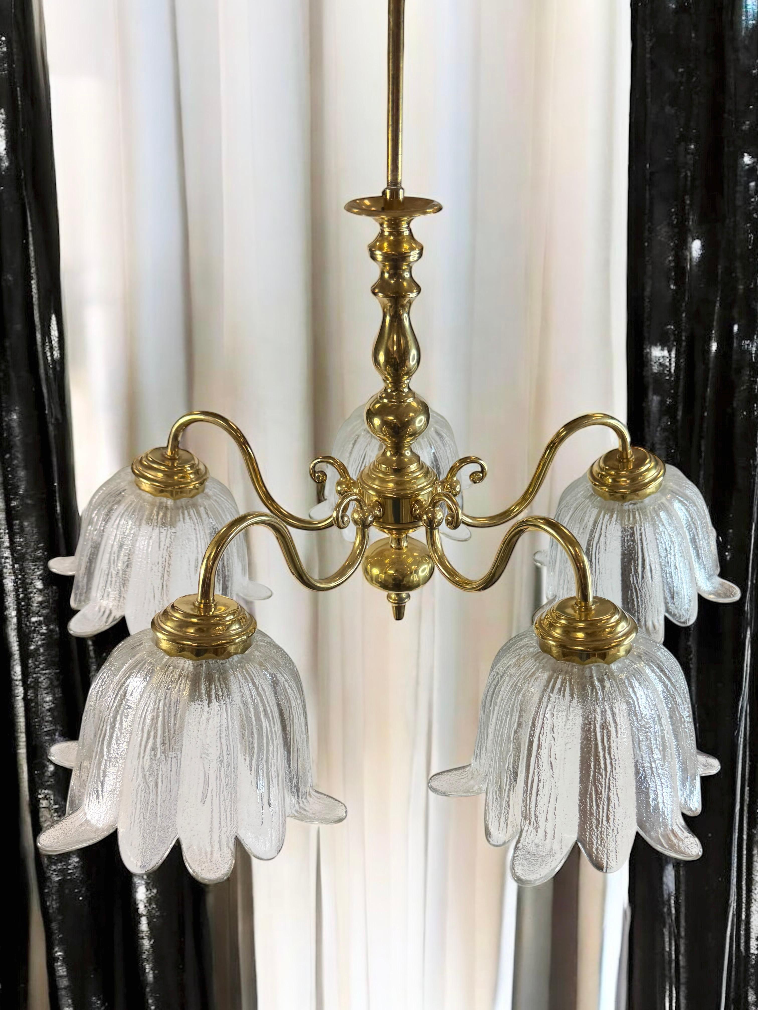 Large Five Light Brass Tole Chandelier Calyx Glass Shade Hollywood Regency Style For Sale 6