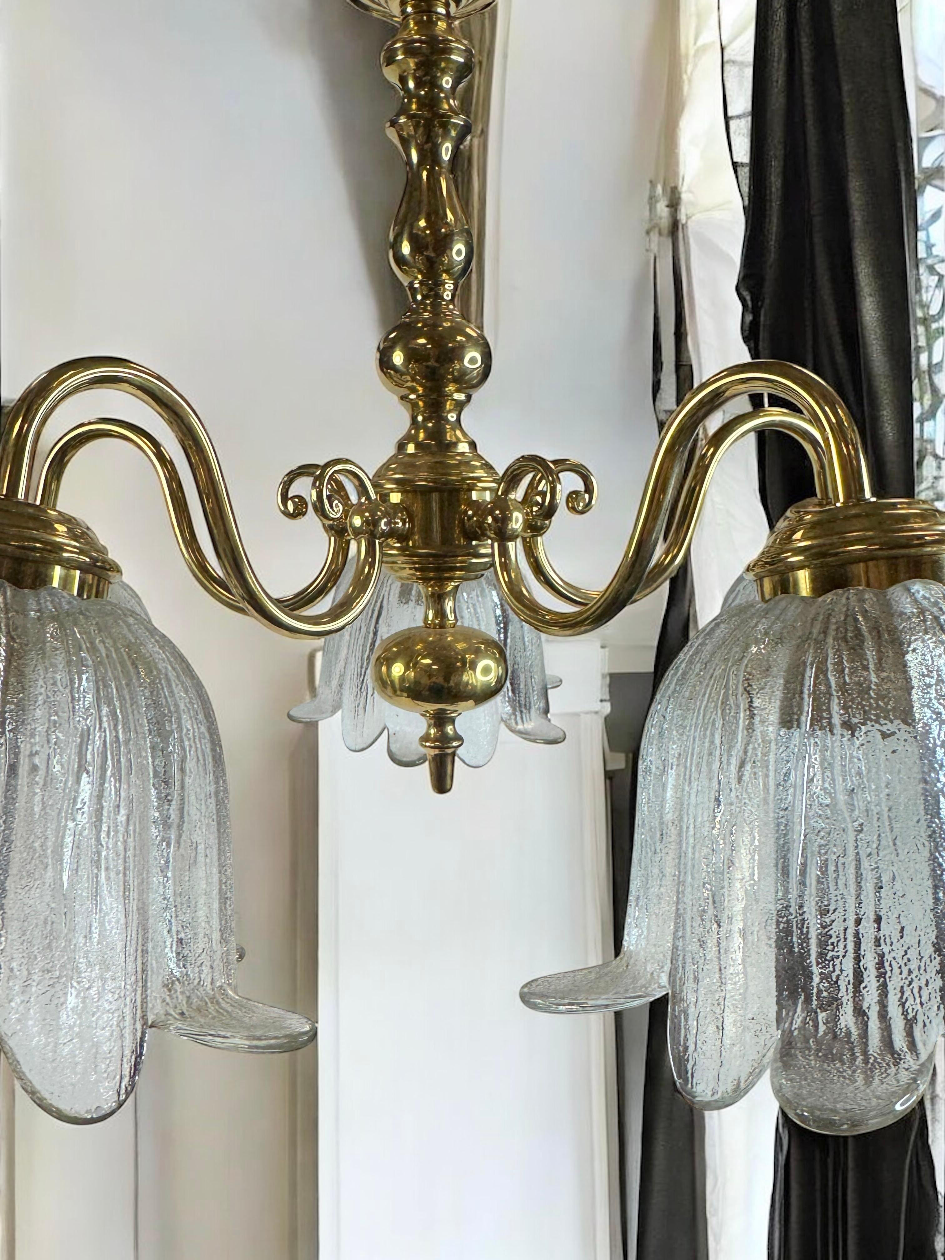 Large Five Light Brass Tole Chandelier Calyx Glass Shade Hollywood Regency Style For Sale 9