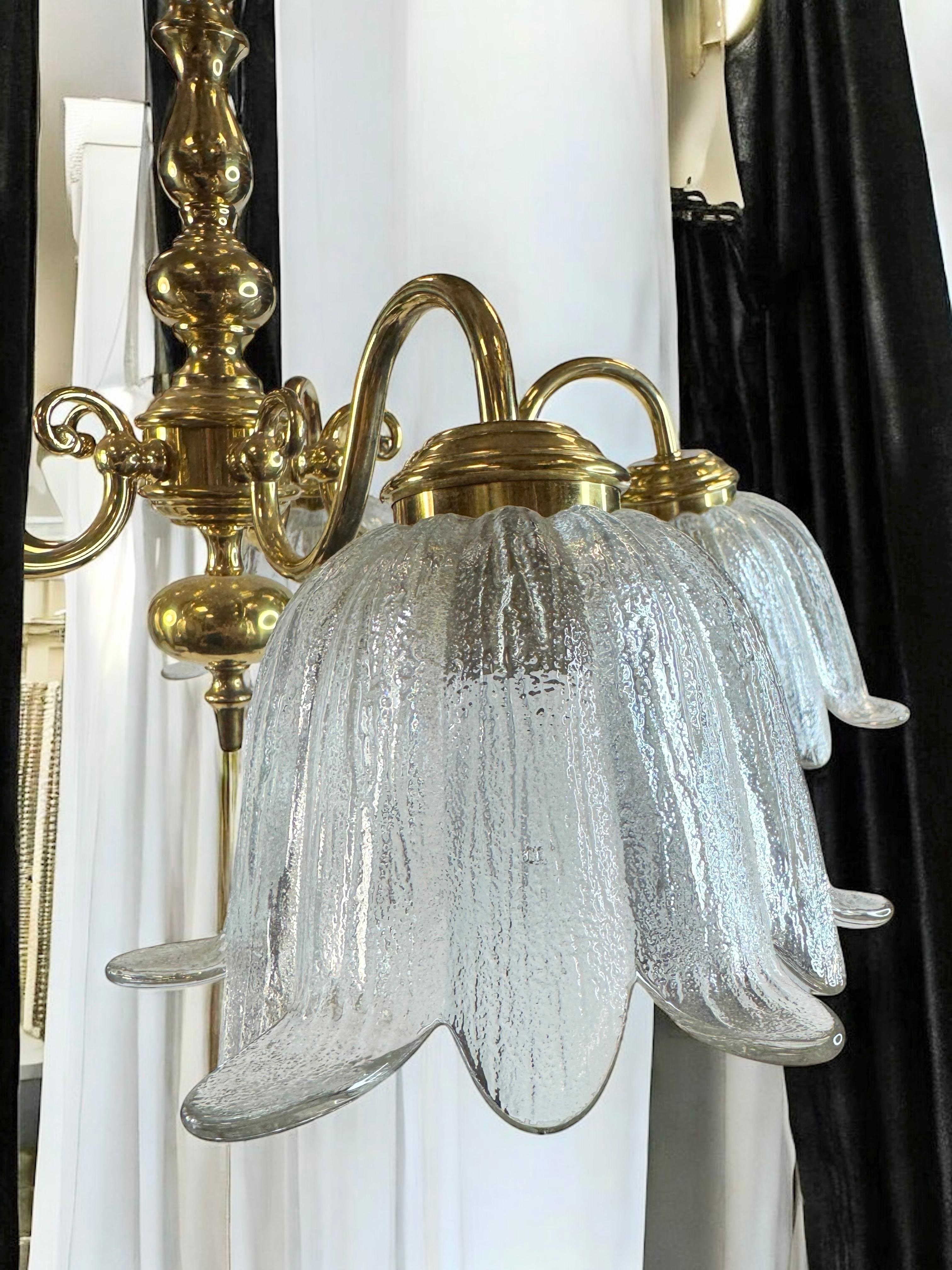 Large Five Light Brass Tole Chandelier Calyx Glass Shade Hollywood Regency Style For Sale 13