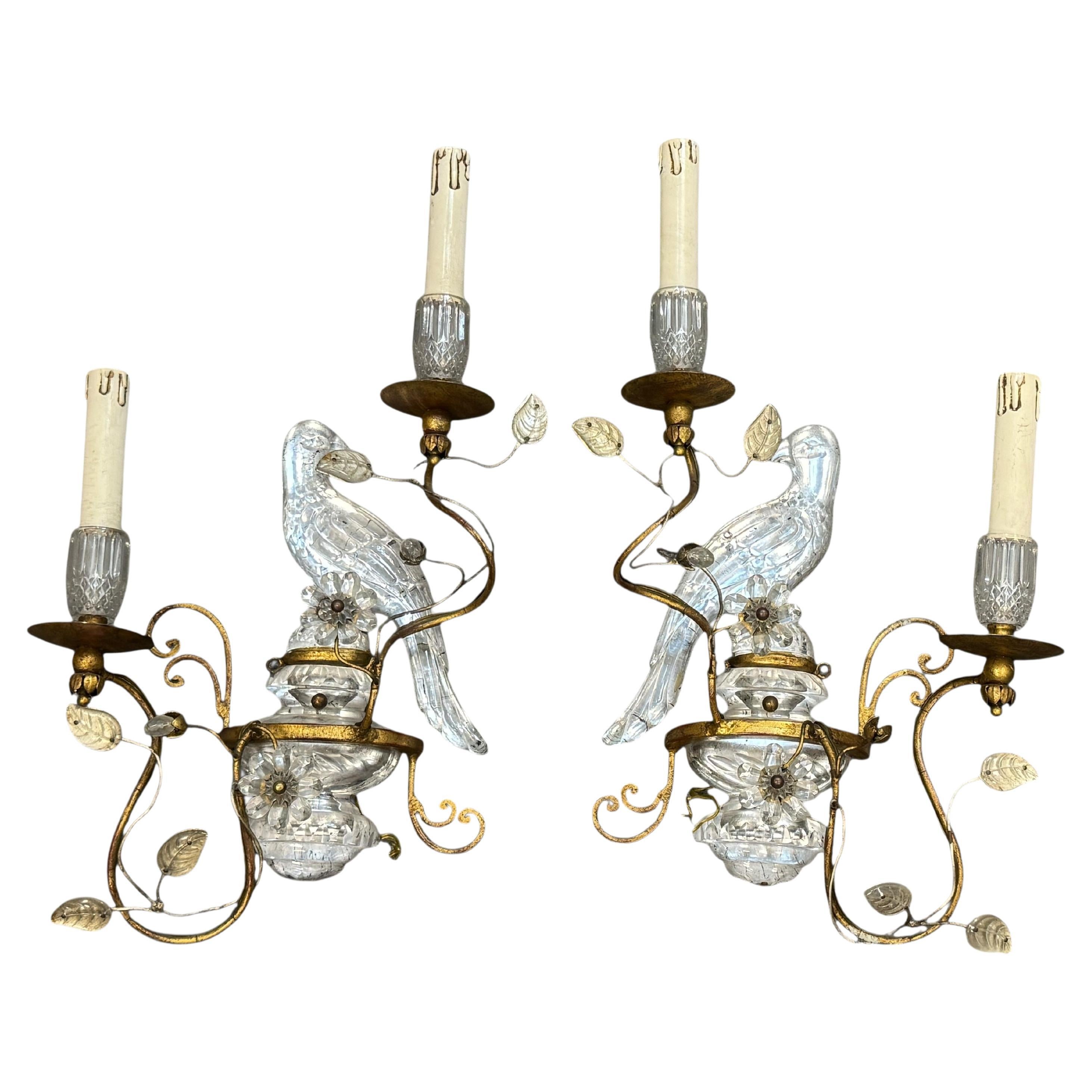 Coppia di magnifiche lampade a pappagallo francesi in ferro dorato e vetro della Maison Baguès