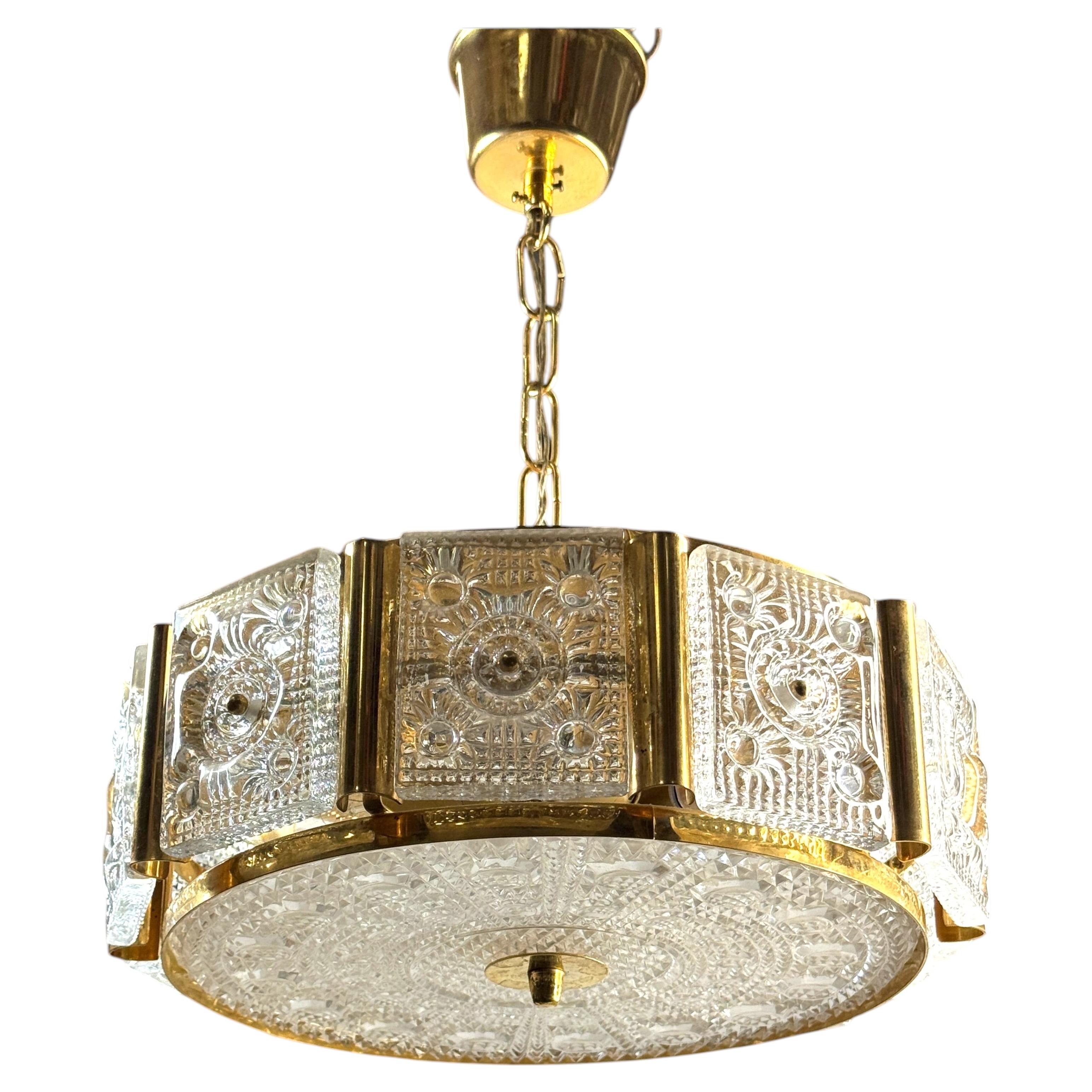 Gorgeous 1960s Glass and Brass Pendant Chandelier by Carl Fagerlund for Orrefors