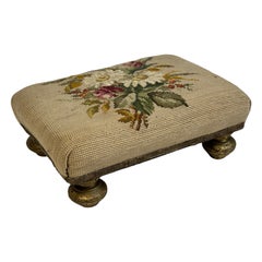 Swedish needlepoint Linen Fabric Covered Foot Rest Footstool Vintage Folk Art
